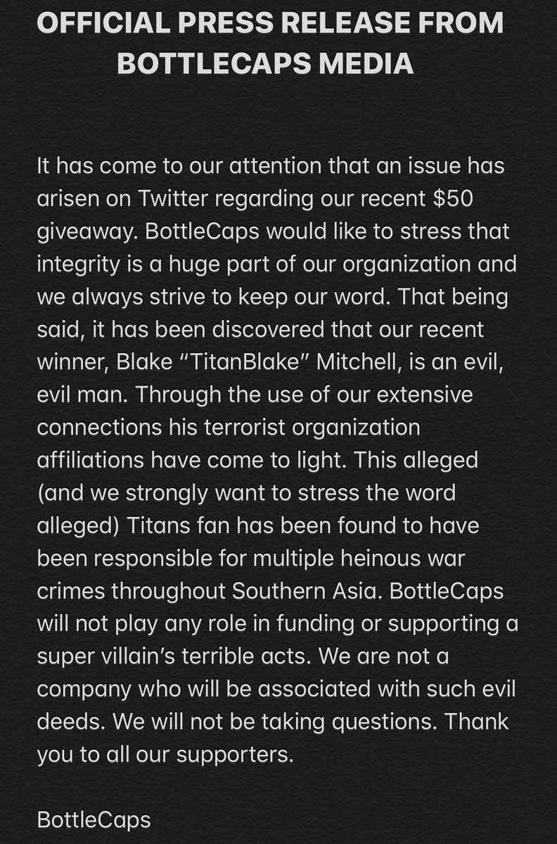 bottlecapsmedia's tweet photo. ‼️Statement Regarding Giveaway‼️ https://t.co/9fAApZRX8Z