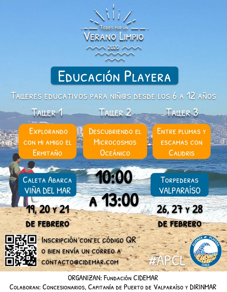 FCIDEMAR's tweet photo. #educacionplayera Talleres de verano
#cambioclimatico #biodiversidadmarina #reciclaje
#verano2020 #viñadelmar #caletabarca #valparaiso #playatorpederas Agradecemos difusión @radio_festival
#VamosLaU #LaCalleRechaza #SWLAUxCDF #EscuelaMilitar #askfakeidols @rvfradiopopular https://t.co/1foI5HzpTd
