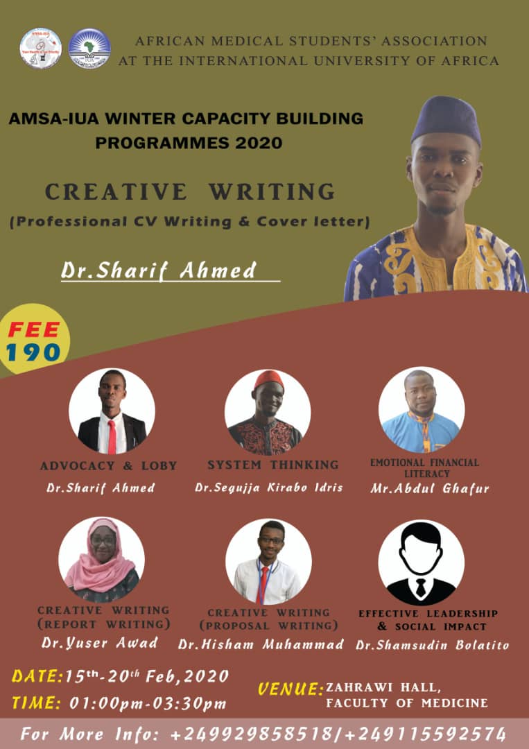 amsaiua's tweet photo. Tomorrow session is going to be Professional CV writing by @D_AhmedASheriff  is going to start from 01:00pm-03:00pm at Zahrawi Hall. Let's be on time. Thank you
#amsaiua
#lets_join_hands_to_save_africa https://t.co/oD09wVBUnR