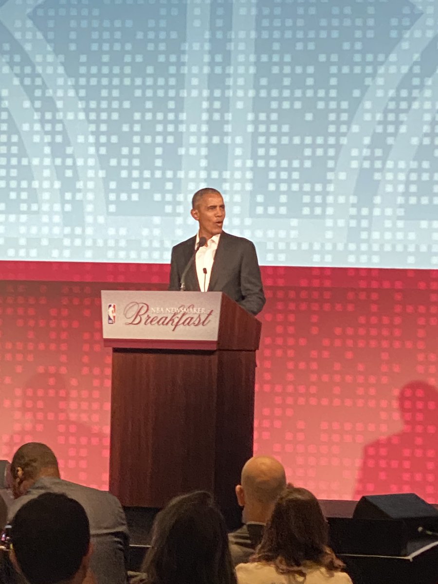 Jake__Mills's tweet photo. Such a privilege to hear surprise guest, @BarackObama, and many other incredible people speak at the NBA Newsmakers Breakfast this morning!! @chicagosmayor @MitchLandrieu @GovHolcomb @eji_org https://t.co/mDUUJnkXvO