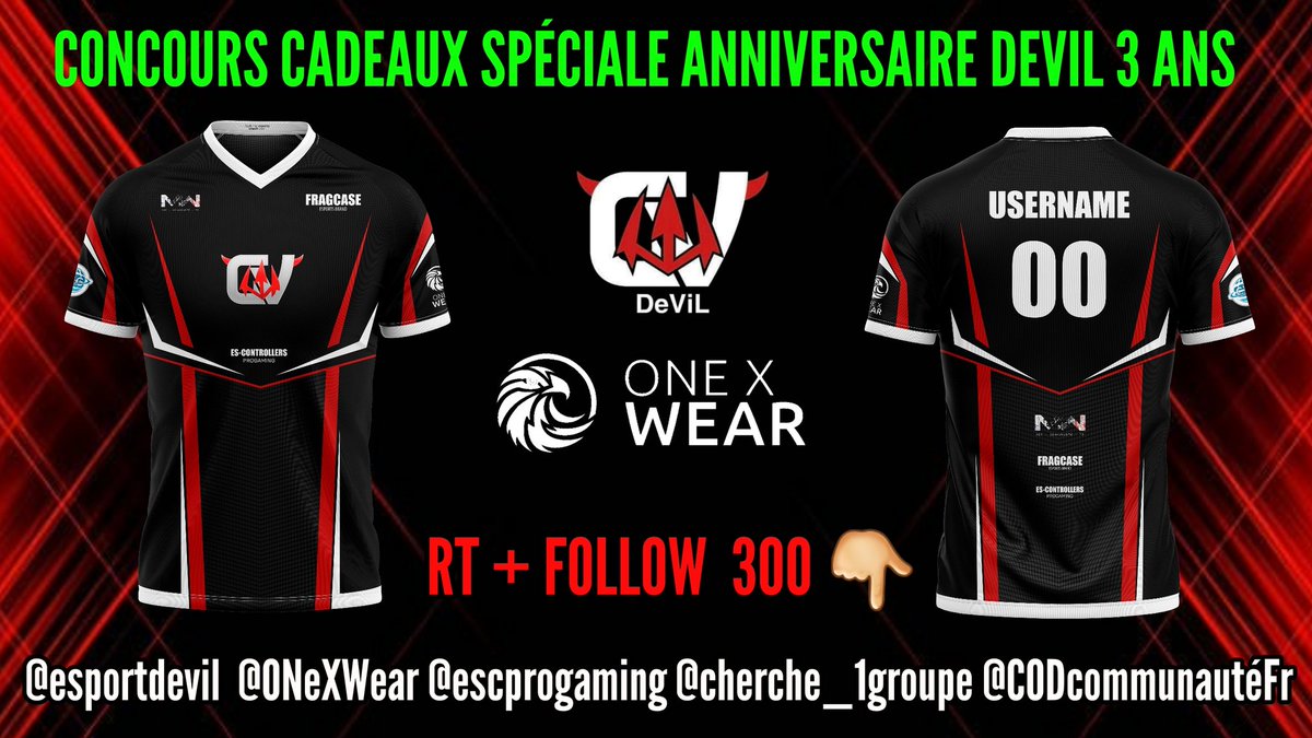 EsportDevils's tweet photo. 🎁#Concours🎁

- Nous vous offrons un Maillot DEVIL 🕯3 ans🕯

Fait par notre partenaire @OneXWear

Pour participer :

↪#RT300  ce tweet 
💖 #Follow @Esportdevil
@OneXWear @escprogaming @Cherche_1Groupe @CODcommunauteFR

🍀Bonne chance à tous. Tirage au sort le 3/03/2020 à 21h ! https://t.co/X2WGYNoQY1