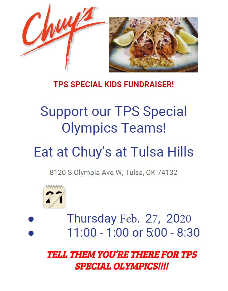 TulsaSchools's tweet photo. 🌮 Join us Feb. 27 and support our TPS Special Olympics Teams!  Eat at Chuy’s at Tulsa Hills from 11 a.m. - 1 p.m. or 5 p.m. - 8:30 p.m. and tell them you're there for Tulsa Public Schools Special Olympics! https://t.co/V5UuXQCgpQ
