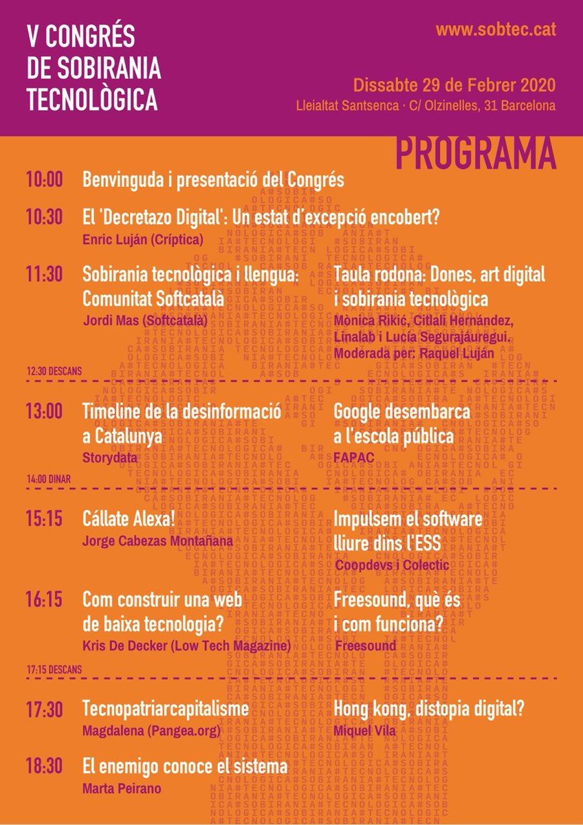 _sobtec's tweet image. 🟠 S'apropa el V Congrés de Sobirania Tecnològica! Serà dissabte 29 de febrer, durant tot el dia, a la @Lleialtat Podeu consultar el programa definitiu al web 👉 sobtec.cat Un any més seguim fent créixer entre totes la sobirania tecnològica #Sobtec20