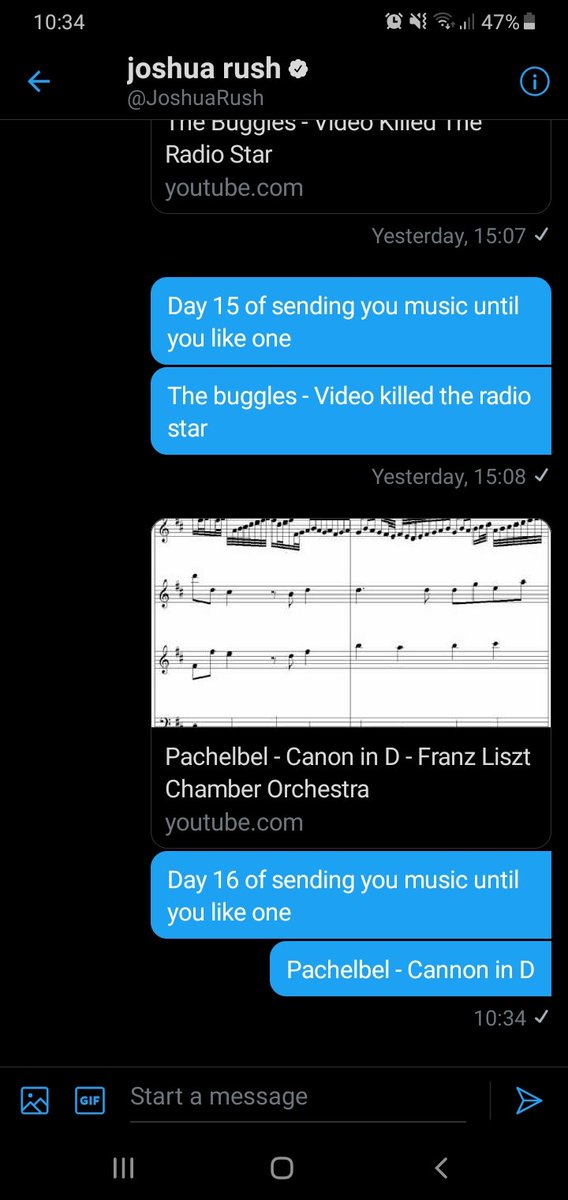 Day 16 of sending  @JoshuaRush music until he likes one.Pachelbel - cannon in D https://youtu.be/090BIg0ml... a modern song that sounds similar Maroon 5 - memories https://youtu.be/SlPhMPnQ5... 