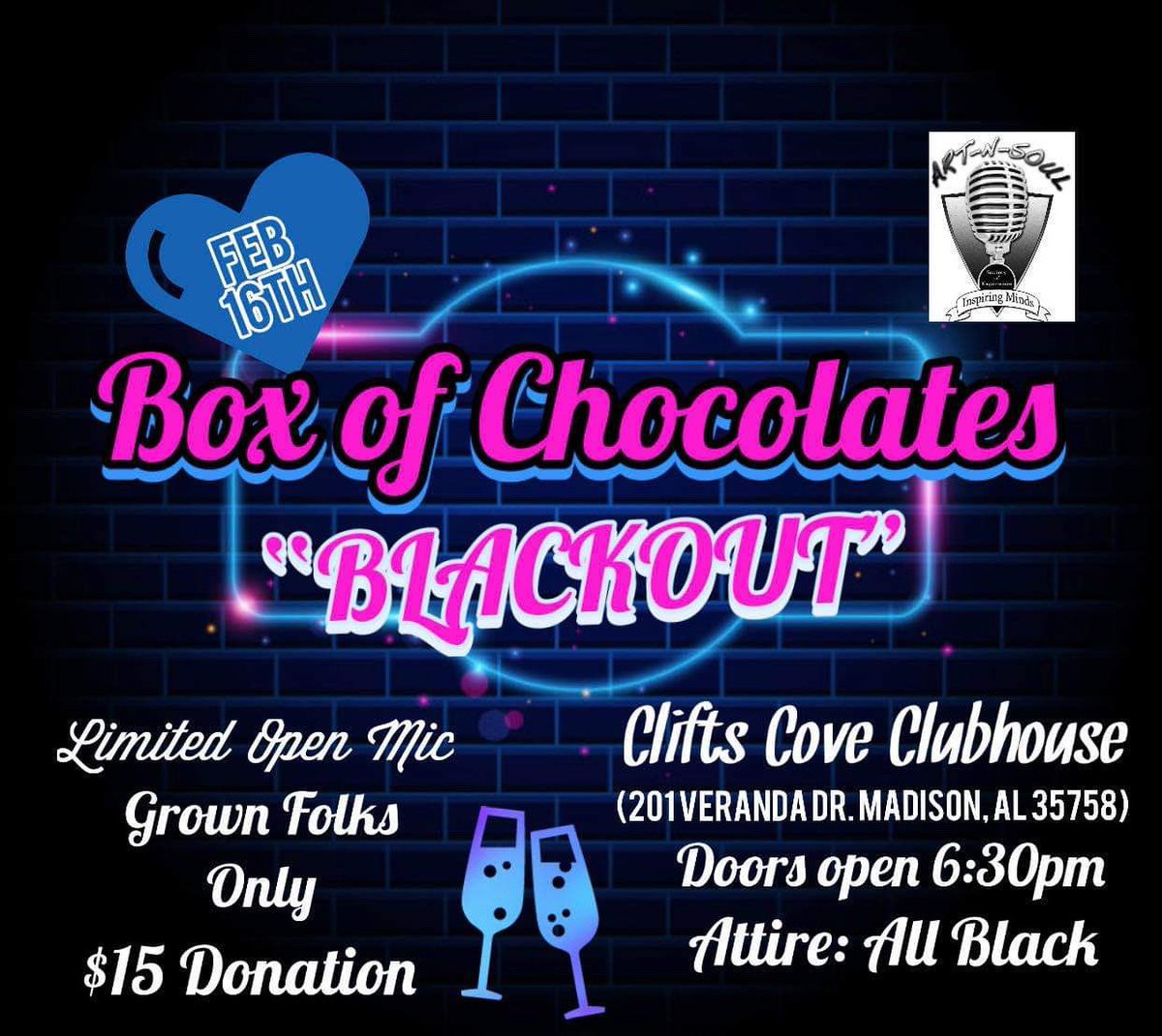 LIONKNG's tweet photo. The Sunday Feb 16th, ArtnSoul’s annual Box of Chocolates, the BLACKOUT Edition. Doors open at 6:30pm at the Clifts Cove Clubhouse (201 Veranda Drive, Madison) #MatureAudiencesOnly #KFJMemorialFoundation #AnSBoCBLACKOUT2020 https://t.co/NW4bWuEUO2