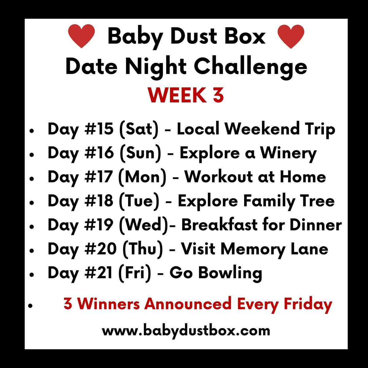 babydustbox's tweet photo. It's WEEK 3 of the Baby Dust Box Date Night Giveaway! Each day through February 28th, we will post a new challenge to complete. Post a photo of your and your loved one doing the challenge for a chance to win a free gift!

For 5 bonus entries: Retweet and tag us! #babydustbox https://t.co/SsLkqePDCt