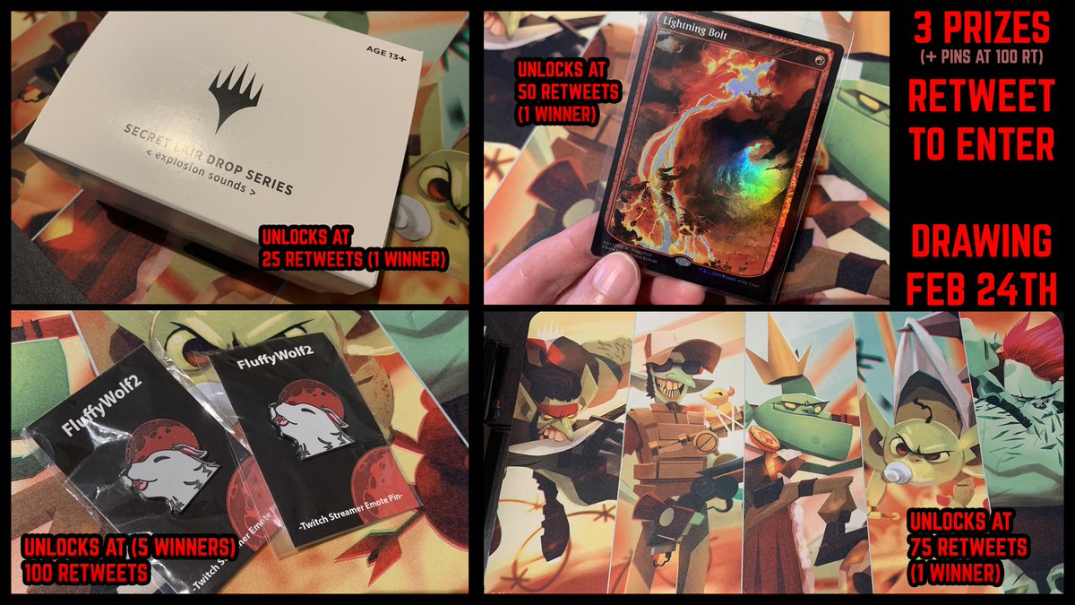FluffyWolf2's tweet photo. #mtg #giveaway -  We reached 222 Followers on Twitter and we're here to celebrate! Retweet for your chance to win some #secretlair Explosion, Promo Bolt, Pins, or Playmat!

We'll draw winners live on stream Feb 24 - https://t.co/lSKGVDNyz6 - and post to Twitter - Goodluck! https://t.co/Lrz9E8ortb