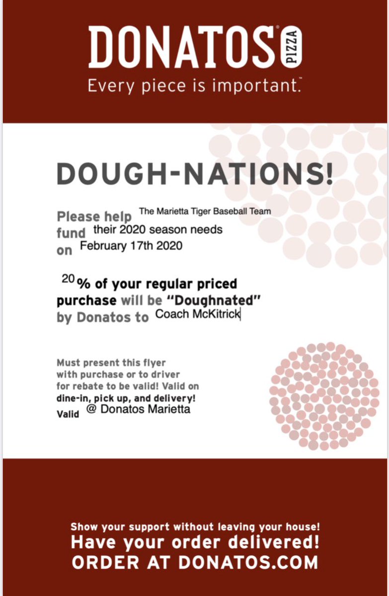 MTTABASEBALL's tweet photo. Stop down at Donatos Monday and help us raise for dough for the 2020 season! https://t.co/GDL6aNV0nd