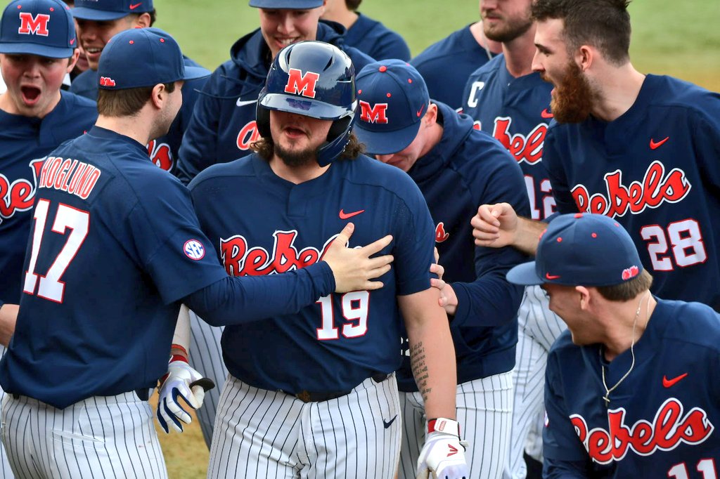 aaronfitt's tweet image. Mark it down, @OleMissBSB fans. Feb. 15, 2020: The day the Legend of Cael Baker was born. Just broke a 5-5 tie in the 7th with a two-run homer off Jared Poland, his 2nd long ball of the day. 4-for-4, 4 RBI. Punished fastballs earlier, so they fed him offspeed, and he hit a CH out