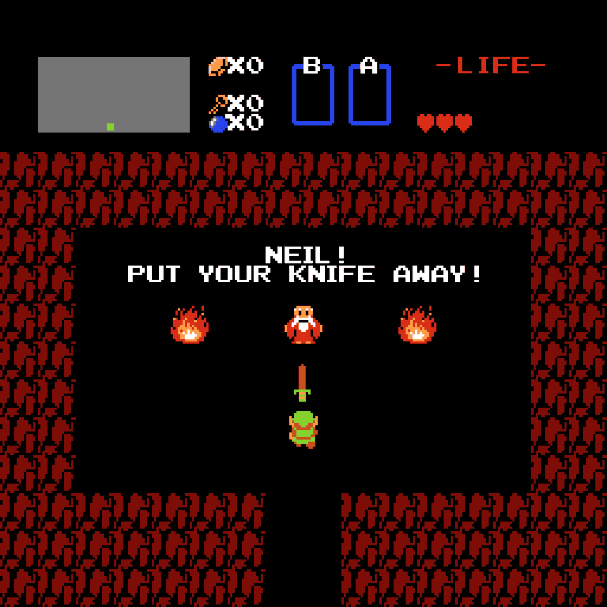 A screenshot from the original "Legend of Zelda" Nintendo game. An old man in a robe stands between two campfires in a cave. In front of him, a young elf boy brandishes a sword. The old man says "Neil! Put your knife away!"