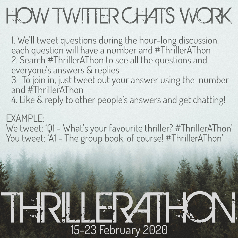 thrillerathon's tweet photo. Announcing our #ThrillerAThon twitter chats! We have 3 chats scheduled throughout the week - if you've never joined a twitter chat before, we've written out a guide to how they work: https://t.co/BjKgQMrMIi