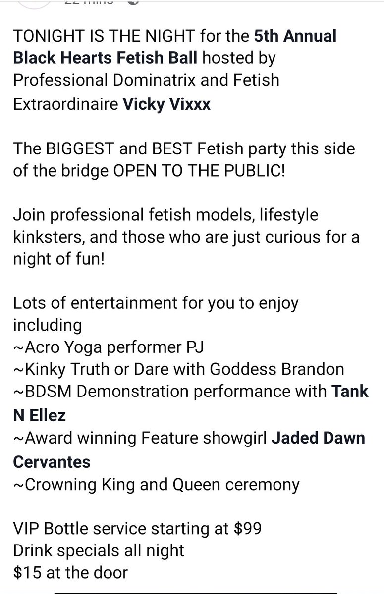 BottomzUpEvents's tweet photo. TONIGHT IS THE NIGHT for the 5th Annual Black Hearts Fetish Ball hosted by Professional Dominatrix and Fetish Extraordinaire @GoddessVickyV
 
The BIGGEST and BEST Fetish party this side of the bridge OPEN TO THE PUBLIC!

Event page https://t.co/z8QEN3Bf0o https://t.co/HFHKdNjxxu