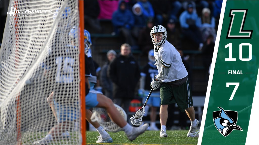 LoyolaMLAX's tweet photo. FINAL presented by @hollenshades: @LoyolaHounds 10, Johns Hopkins 7. Lindley scores 4 goals; Poitras &amp; Olmstead 2g, 1a each; Shafer 15sv; Savio 12-20, 8gb. Greyhounds home next Saturday versus Rutgers! 

@Patriot_Gameday @LoyolaMaryland #gohounds https://t.co/8r3qxhpUa1