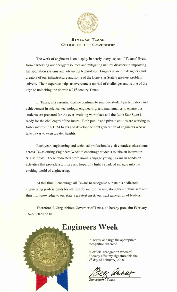 CTDEngineering's tweet photo. It's Engineers Week! Check out the state proclamation declaring this Engineers Week across Texas. #EWeek2020 #AustinSTEM https://t.co/51HVcKqHGF