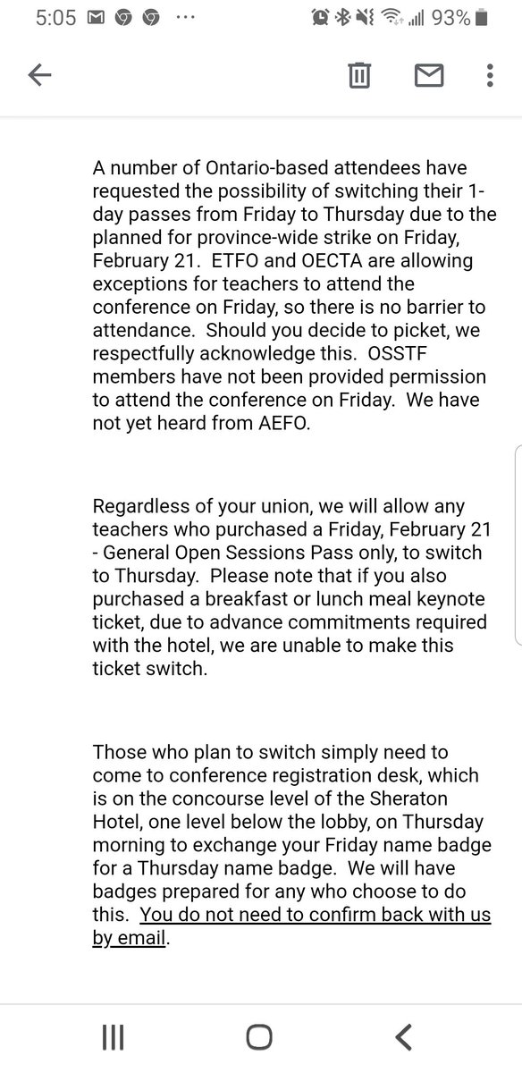 <a href="/osstf/">OSSTF Communications</a> what is the rationale for not making an exception for our members, when other unions have? I can't go on Thursday as I'm taking my students to UTM on a trip that has been planned since the beginning of the school year. And the workshops I wanted to attend are on Friday.