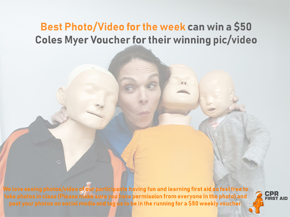 CPR_First_Aid's tweet image. We have a weekly Best Photo/Video $50 Coles Myer Voucher to give out because we love seeing you guys have fun in our classes. If you leave a post and comment the winning pic/video from our first aid class then you are in the running to win a $50 voucher. Announced weekly.
