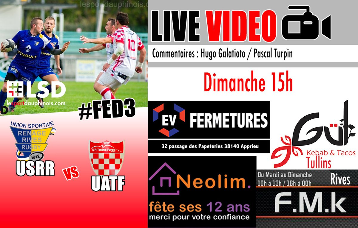 SportDauphinois's tweet image. #Rugby #Fed3 #USRR
------
🏉 Match Day
USRR vs Tullins
🏆 Fédérale 3
🚩 Journée 15
🕗 15h00
🎥 #LiveVIDEO sur lesportdauphinois.com
🎤 Hugo Galatioto