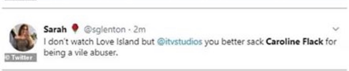 Mr_AdamMiller's tweet photo. @sglenton love how you don’t even watch @LoveIsland but can say things like that about things you know nothing about shame on you bitch @carolineflack1 https://t.co/QEB6iXRsID