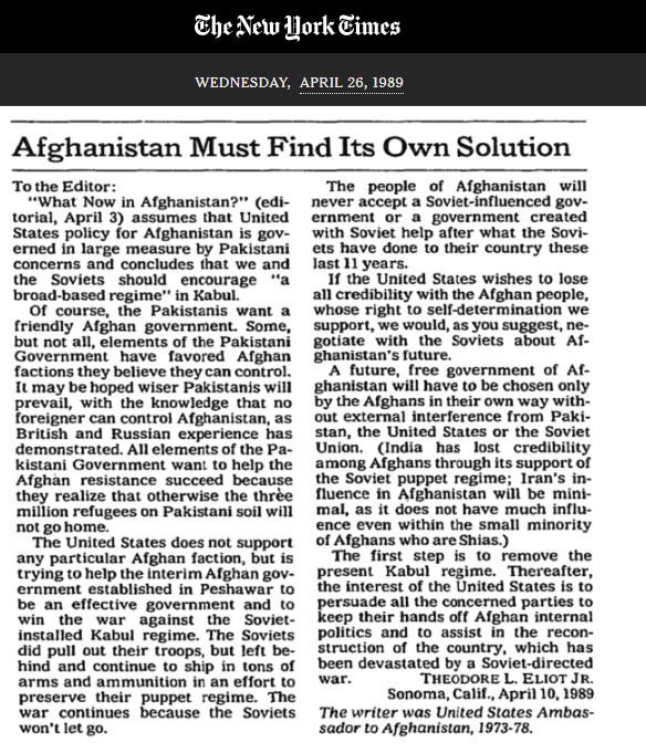 Fascinating letter to the NY Times from April 1989 re what to do about Afghanistan by a former US Ambassador to Afghanistan