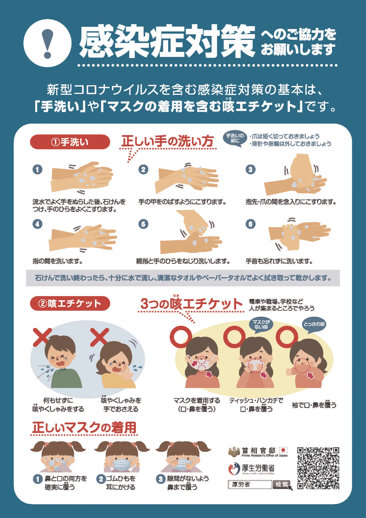 厚生労働省の新型ウイルスを含む感染症対策をまとめた日本語版のチラシです。