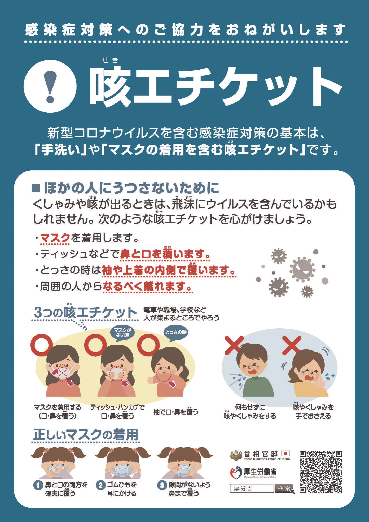 厚生労働省の新型ウイルスを含む感染症対策をまとめた日本語版のチラシです。