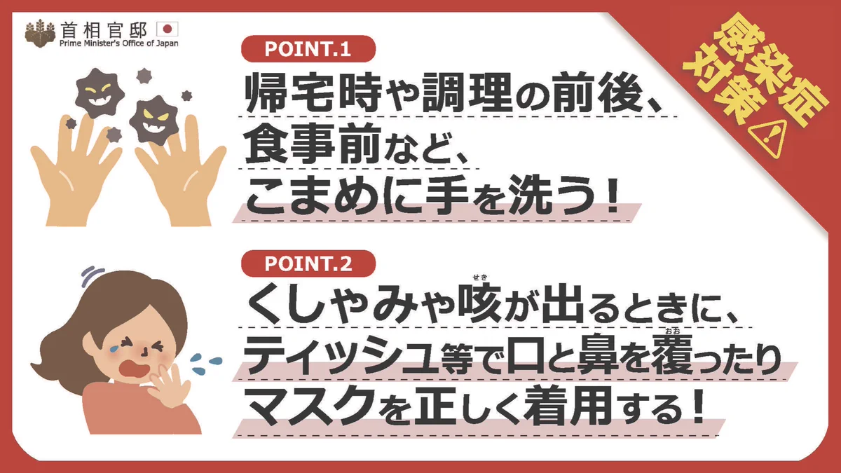 厚生労働省の新型ウイルスを含む感染症対策をまとめた日本語版のチラシです。