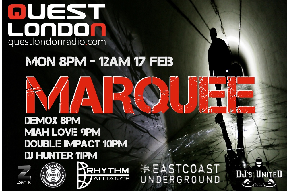 Making Mondays something to look forward to Marquee Monday is back tomorrow night from 8PM UK GMT. <a href="/marqueehybrid/">marqueehybrid</a> <a href="/DutchDJMarz/">DJMarz from Audio Fabric Records</a> <a href="/demox89/">DeMox</a> @dannmking <a href="/Kontactquest/">Pete</a> <a href="/LuckyChrischie/">Christian Reichert (Hunter)</a>

TuneIn at questlondonradio.com or tunein.questlondonradio.com

for the latest in House, Tech and Techno