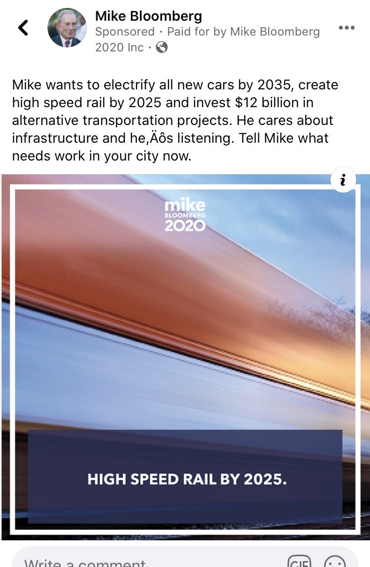 georgeandrews's tweet photo. This @MikeBloomberg #caprimary sponsored @Facebook ad on #CaHSRA made me laugh. 2025 https://t.co/l5ZvC0h0ud