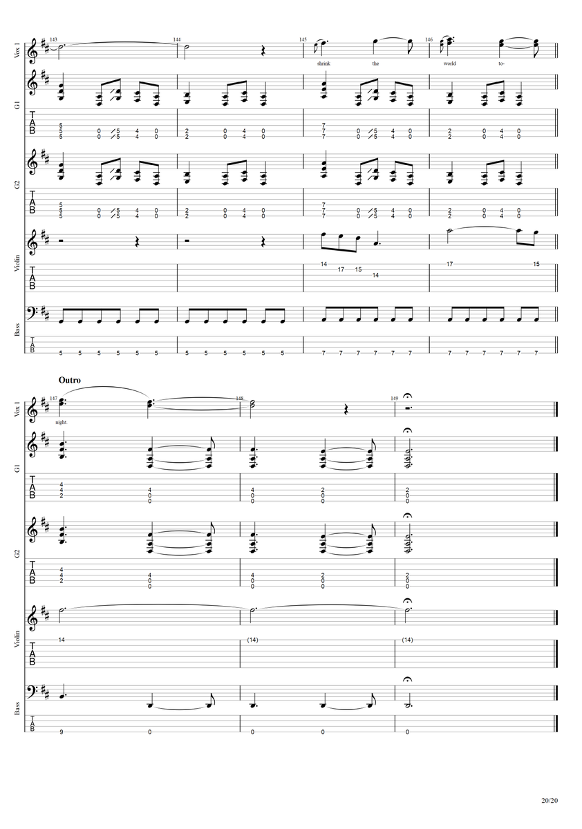 Shrink the World is finalized! Again, not really any real changes/corrections. Remember that Key's guitar is tuned to DADGAD. 

Thinking about starting One for the Kids...

PDF: bit.ly/PDFYCTabs
GP: bit.ly/GPShrnkWrld
Txt: bit.ly/TxtShrnkWrld