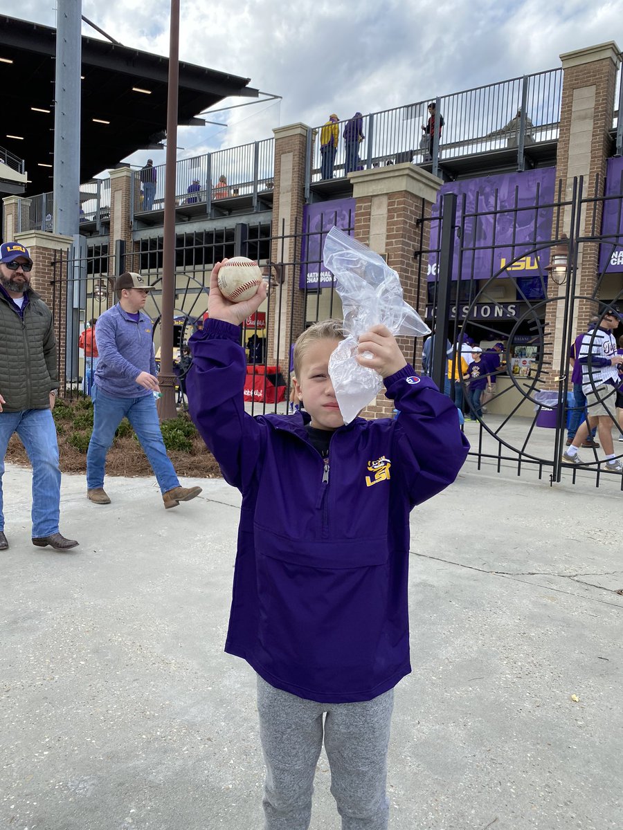 dougpickle's tweet photo. @cade_beloso @LSUbaseball My boy Sam caught one of your foul balls today with his left eye during Game 1.  He told me “Dad, I stayed in front of it”. #GeauxTigers   #SammyBaseball https://t.co/HcGxPbA7BK