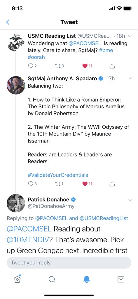 One of the reasons I’m on twitter. SgtMaj in a joint position asked by his service what he’s reading. SEL mentions 2 books. 1highlights a sister service’s epic struggle @10MTNDIV @USArmy Reading - self dev of any type- is rank immaterial. Need to clone him. @PACOMSEL @USMC