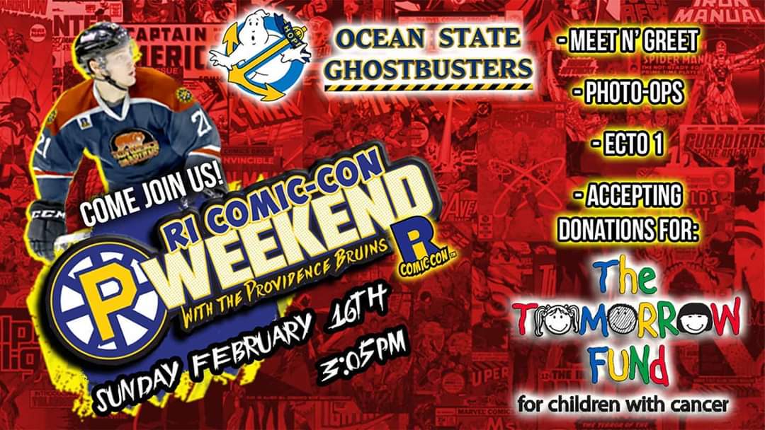 OceanStateGB's tweet photo. JOIN #OceanStateGhostbusters TOMORROW with the @AHLBruins for @ricomiccon WEEKEND! We'll be there with #Ecto1 for meet n' greet, photo-ops, and to accept donations for @thetomorrowfund Go to https://t.co/rnOo2iOMJA for tickets! 💚🚫👻🏒🥅 https://t.co/PCfyvSJqki