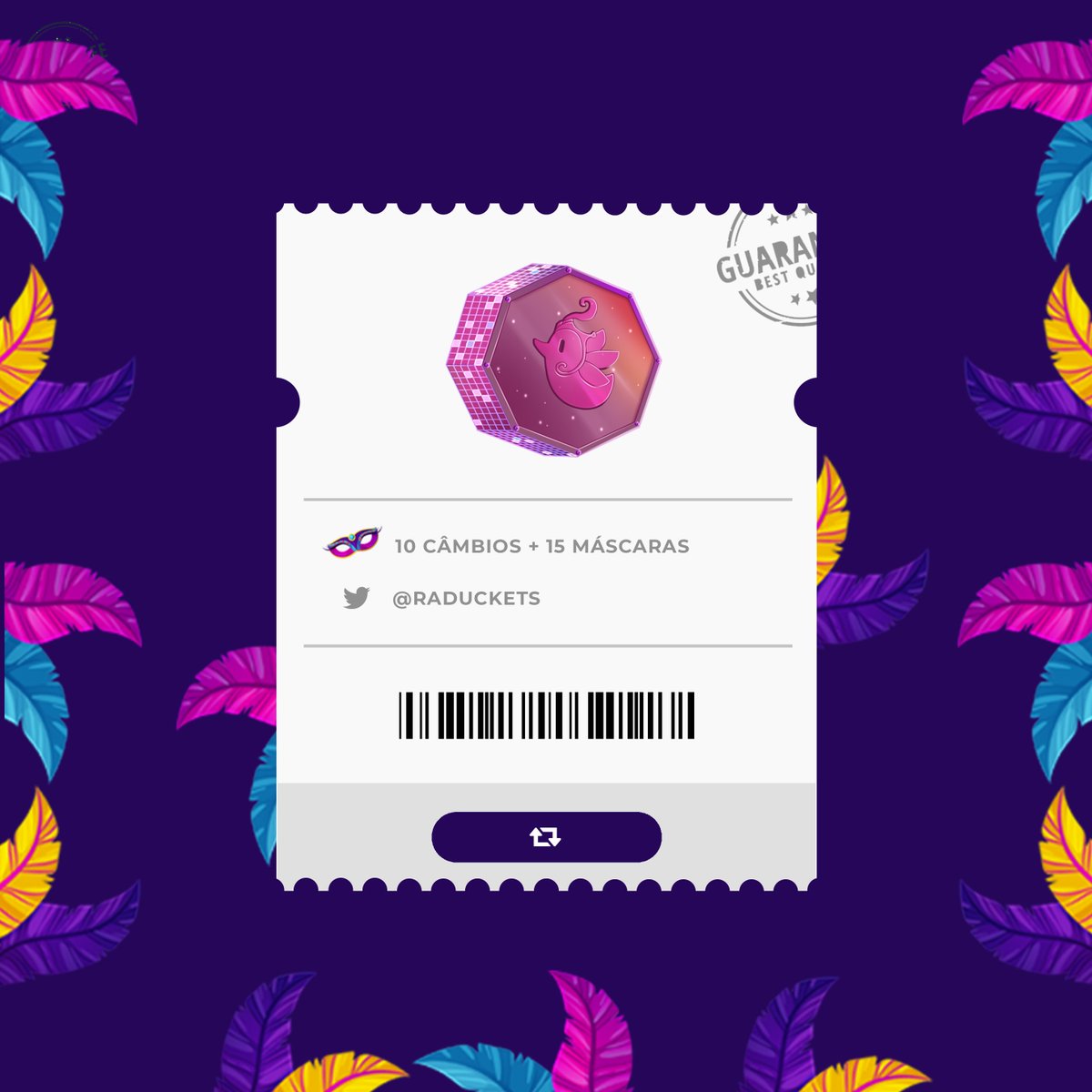 Ticket Samba Ducket!

Hoje o ticket valerá o prêmio que está descrito nele. Após 20 retweets, já anunciamos o vencedor do sorteio. Caso a meta não seja batida, o resultado sai após às 23:59 de hoje!

OBS.: Não esqueça de informar o seu nick abaixo:

#Habbo <a href="/HabboPTBR/">Habbo PT/BR</a>