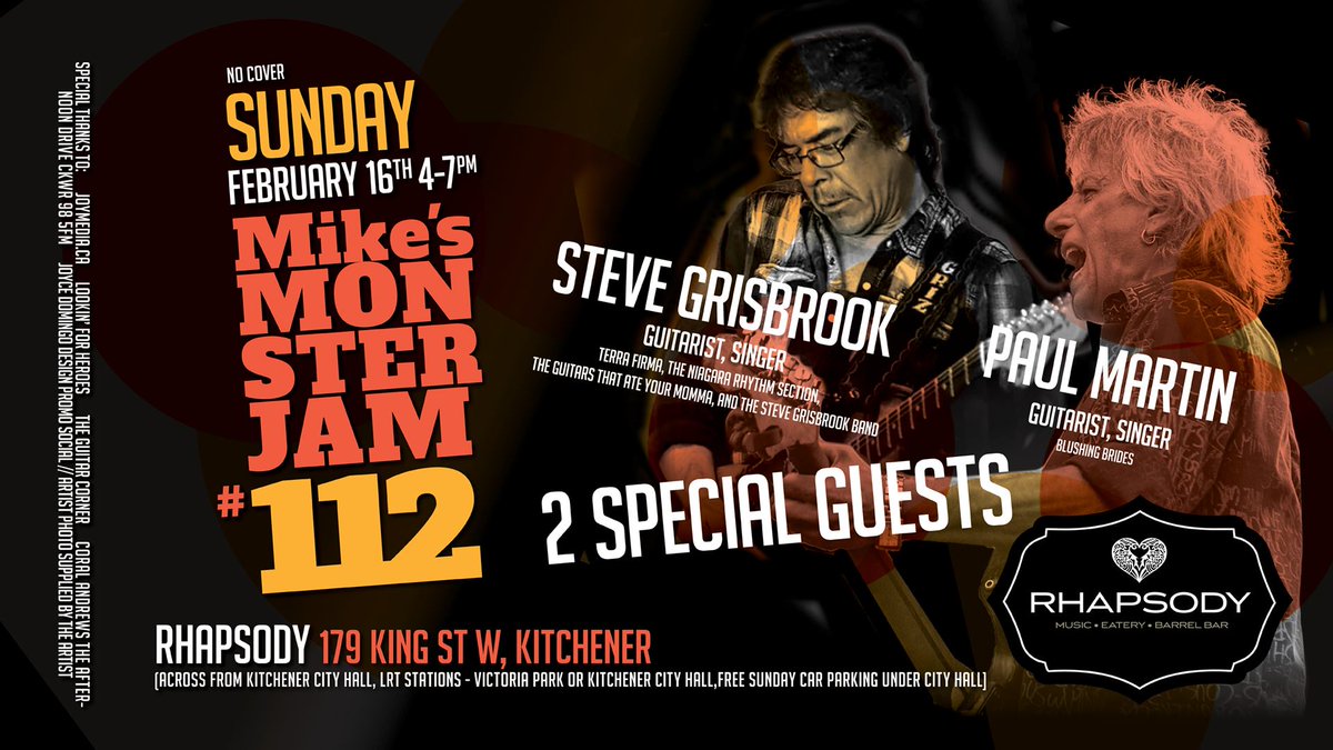 Feb 16, Sun, 4-7pm 1+1=2 SPECIAL GUESTS - STEVE GRISBROOK and PAUL MARTIN. <a href="/Rhapsodybarrel/">Rhapsody Barrel Bar</a>   FreeParking City Hall Or LRT 
#livemusic #bluesmusic #rocknroll 
MIKE ‘MUDFOOT ’ MCDONALD- Host, Guitarist, Singer, Songwriter, RANDALL CORYELL- Drummer, CORY TURNBULL-Bassist