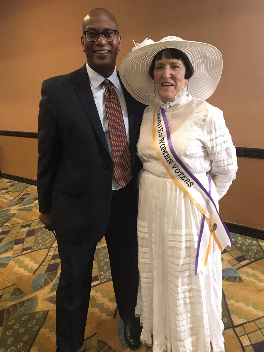 LWV_PA's tweet photo. More honored guests at our Centennial Celebration: Craig Washington, Tournament of Roses VP with our own Marilynn Wilander, costumed for our 100th! #LWV100YearsStrong #LWVat100 #lwv100 #WomenPowerTheVote #SheIsMeLWV https://t.co/DXcu3IT3Td