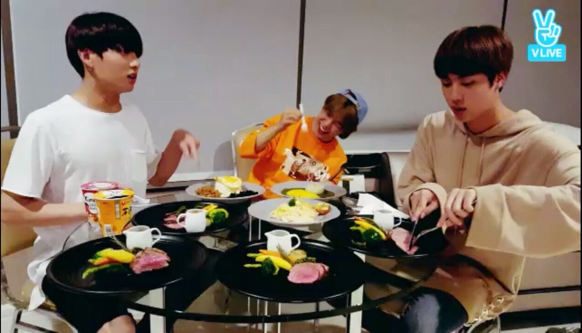 Some more tidbits: he loves to cook! He's known in the group for making really good food, and back in their rookie years, he was always cooking for the other members. He likes to do mukbangs from time to time, titling them 'Eat Jin', and he invites other members to eat with him.