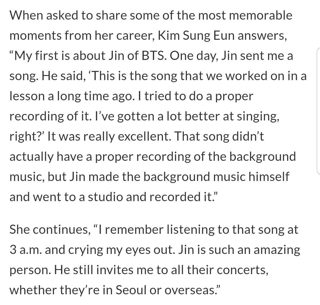 One thing that amazes me about Jin is his steady work ethic. He started with zero singing experience when he first became a trainee, but now his voice is god-tier. Even his vocal coach said that out of all the students she had ever taught, Jin was the most memorable.