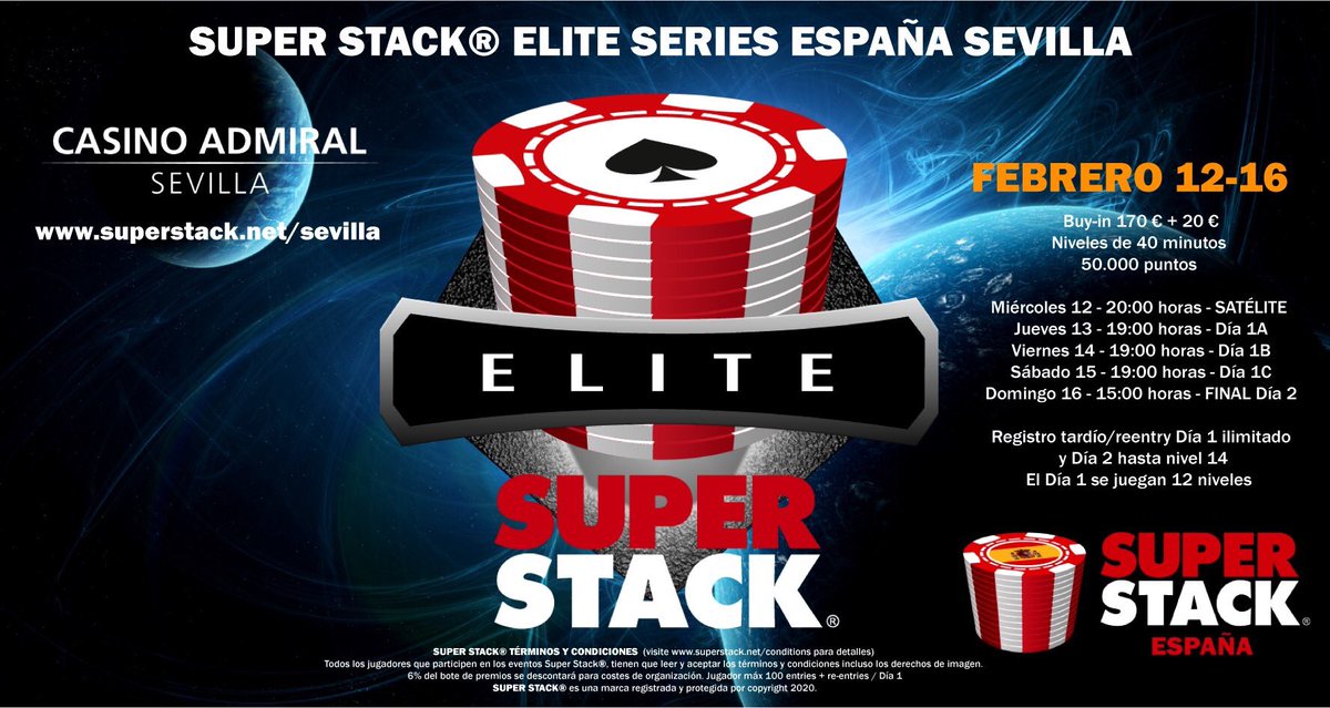 TheSuperStack's tweet photo. 🇪🇸🇪🇸🇪🇸 SUPER STACK® ELITE SERIES ESPAÑA (Sevilla) @CasinoAdmiralSV Día 2 - 1ABC 226 entradas y mas de 36.000 € de bote! 

HOY Domingo 16 de Feb 15:00h Día 2
Registro tardío/reentry Día 2: Final del n.14

Buy-in: 170 € + 20 €
Niv. de 40 mins
Stack 50.000 pts

SUPER STACK® https://t.co/WFliLTVbqq