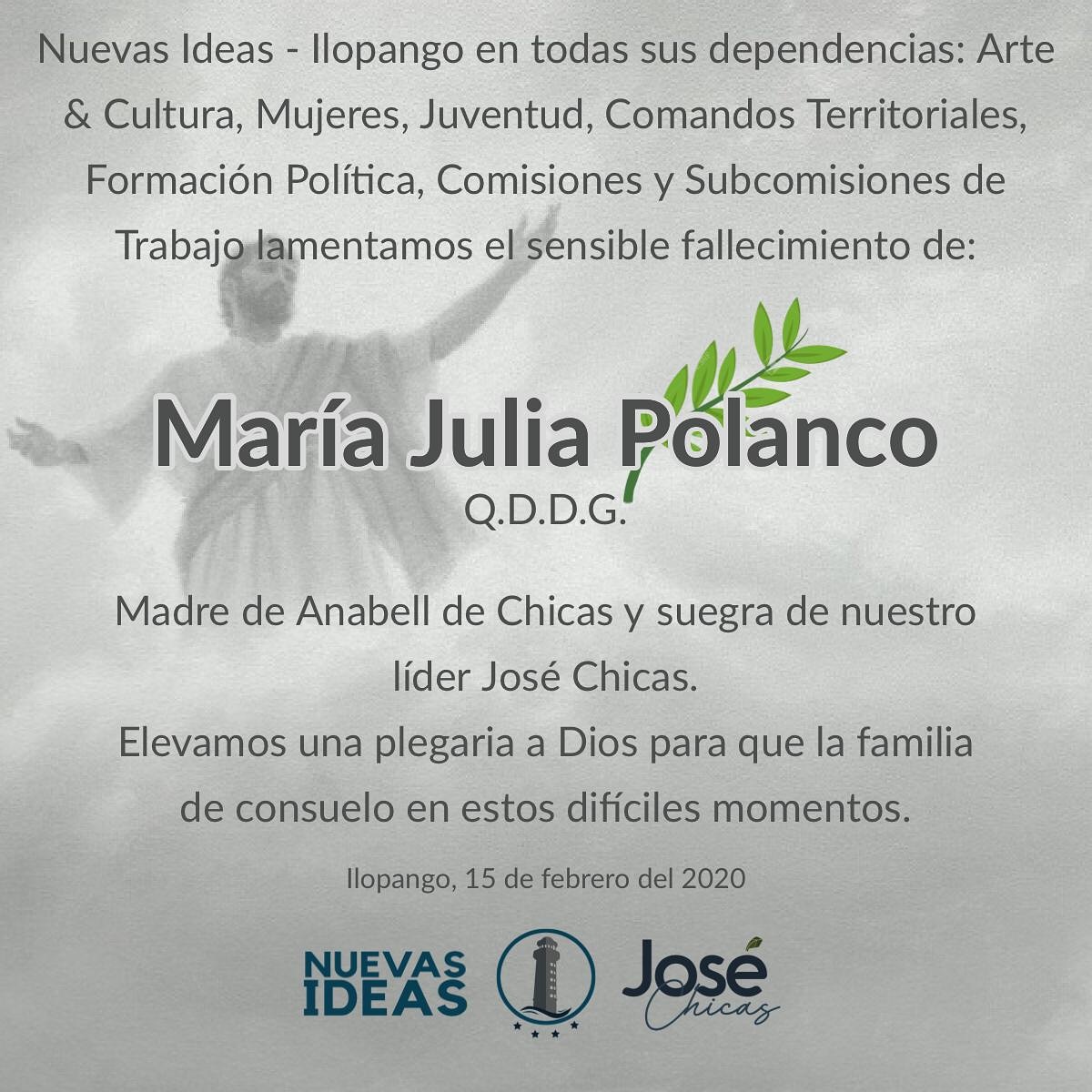 MNIIlopango's tweet photo. Nuestras condolencias a la Lic. Anabell Polanco esposa de nuestro coordinador @josemariachicas por el deceso de su querida madre Maria Julia Polanco, esperamos que el creador le dé fortaleza junto a su familia para sobrellevar está pérdida 🙏
#NuevasIdeasIlopango #MujeresIlopango https://t.co/tnLNnyWCFI
