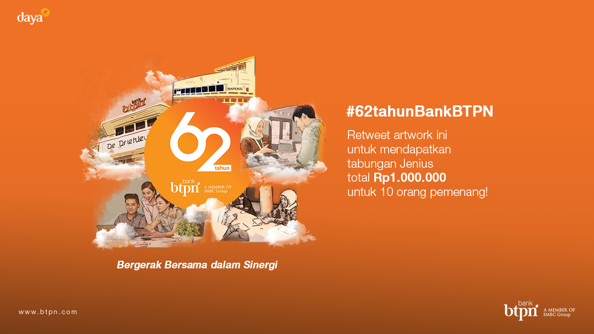 smbc_indonesia's tweet photo. Spesial di momen #62tahunBankBTPN, menangkan tabungan Jenius senilai Rp100.000 untuk 10 orang pemenang terpilih!

Mekanisme:
- Follow twitter @sahabatBTPN 
- RT tweet ini

Mari bergerak dalam sinergi demi masa depan yang #LebihBerarti https://t.co/6dsiinYCsx