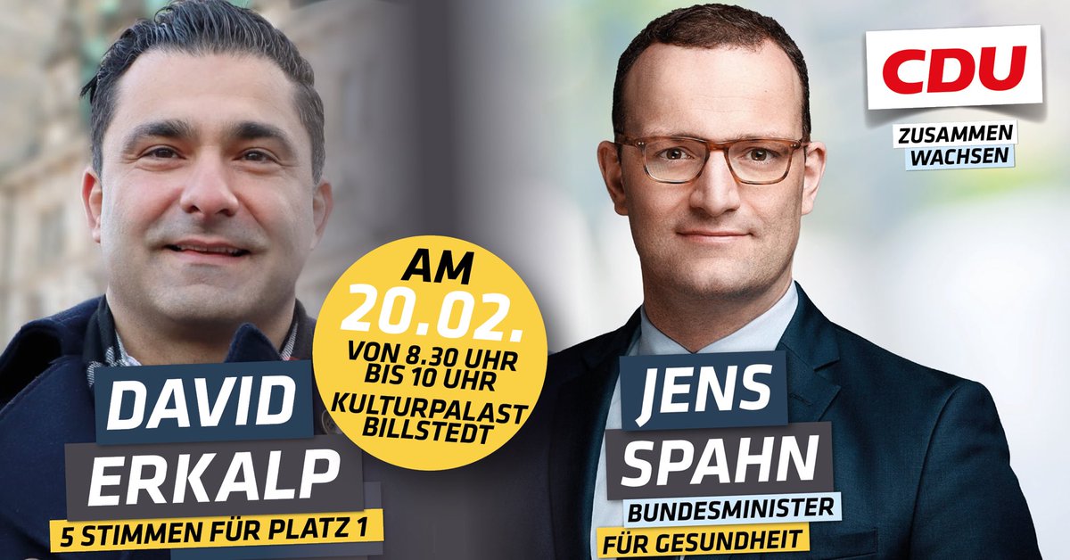 Vormerken: 

Am 20.02. kommt Gesundheitsminister <a href="/jensspahn/">Jens Spahn</a> nach Billstedt!

Wo: Kulturpalast Billstedt, Öjendorfer Weg 30A, Hamburg

Wann: Zwischen 08.30h und 10.00h. 

Herr Spahn und ich freuen uns auf Gespräche mit Ihnen!