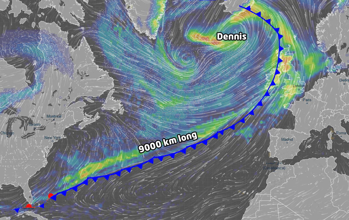 Ventuskycom's tweet photo. The frontal system from the cyclone #Dennis is stretching all the way from Iceland to the Caribbean! 😲 This front is long over 9000 km! It is rare event for the Atlantic. See cyclone Dennis live on Ventusky: https://t.co/hRD9PmYXMT https://t.co/MsFPX7u52B