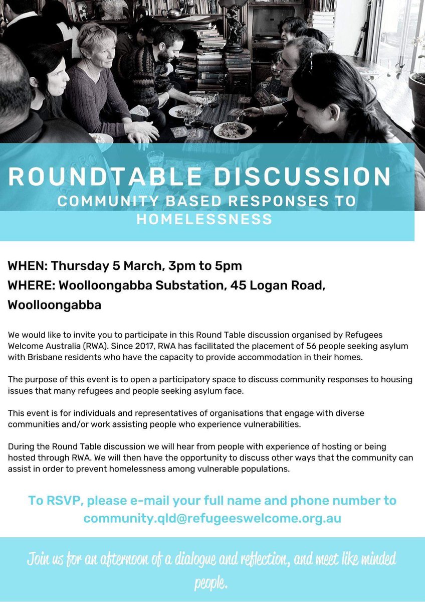 Join us for an afternoon of sharing and reflecting on community responses to housing issues that many #refugees and people seeking #asylum face.

To RSVP, email your full name and contact details to community.qld@refugeeswelcome@org.au.
