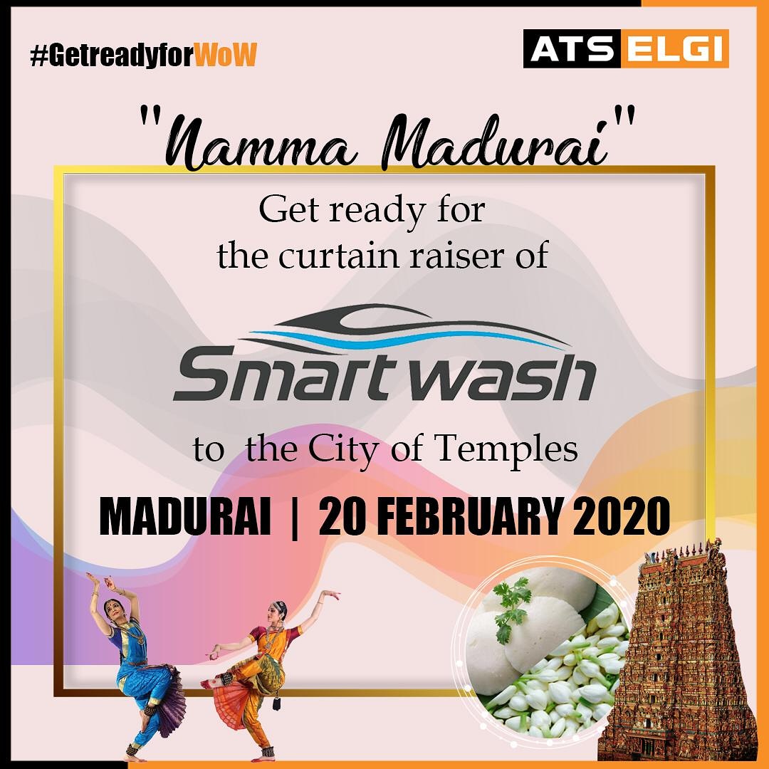 AtsElgiLtd's tweet photo. Get ready for the curtain raiser of Smartwash at "Namma Madurai"
#atselgi #thinklongrun #onestopshop #washing #carwash #vehiclewash #worldofwashing #makeinindia #autocarwasher #GetReadyforWoW #WoW #madurai #launch #nammamadurai https://t.co/wFLtDQbkcs