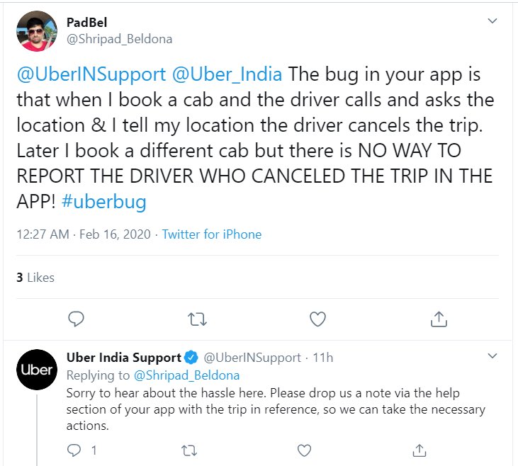Shripad_Beldona's tweet image. So, there is no way to complain or rate the driver who cancelled the trip!? Isn’t this ridiculous? And on top of that when I complained you people told be the below (check screenshot) You guys not only have a bug but also contradicting yourself!
#uberbug
