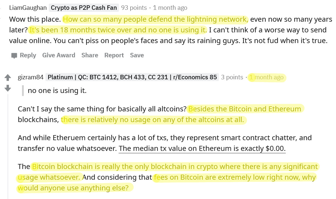 HamEggsnSam's tweet image. They don't even see it coming. It's going to run over them like a freight train. They don't need facts, they've already swallowed the FUD hook line and sinker.

This is a month old conversation about Lightening Network, and apparently there's no other alt with real usage. 🤣
