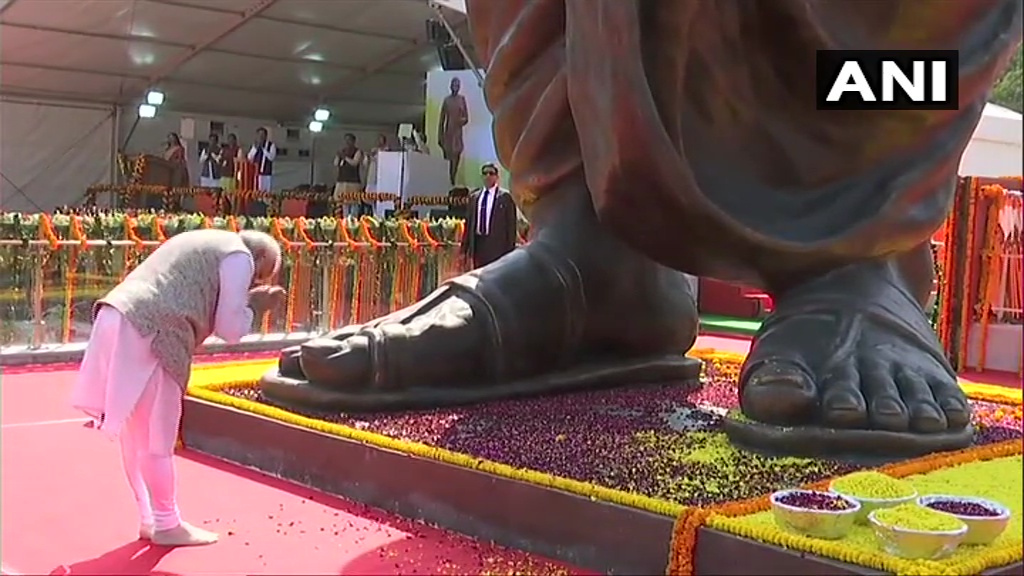 Prime Minister Narendra Modi inaugurates the 63 feet statue of former Bhartiya Jana Sangh leader Deendayal Upadhyaya in Varanasi.