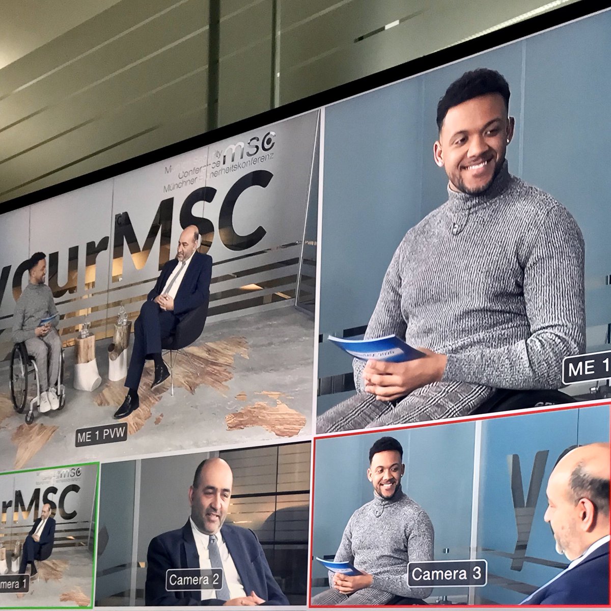 altruistfilms's tweet photo. View from the Vision Control Room and behind the Camera Controls at the YourMSC production that are a part of the Munich Security Conference 2020 currently. View from my seat. Client: YouTube/Google. YouTube Star Leeroy Matata @LeeroyMatata with Omid Nouripour (Green Party 🇩🇪). https://t.co/jFbERiRkSx