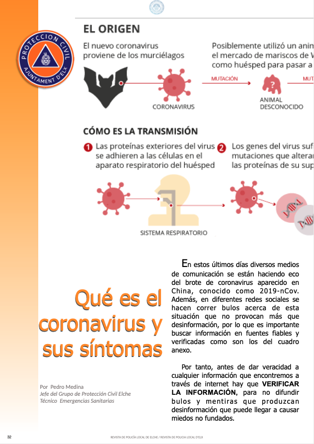 policiaelche's tweet photo. El artículo de @Prote_Elche de este mes trata sobre el #coronavirus y la importancia de seguir #fuentes oficiales para estar correctamente informado.
Puedes leerlo entero en la revista de este mes: https://t.co/27zXzevKr7
#RevistaPLE https://t.co/VAtxXeZqIR