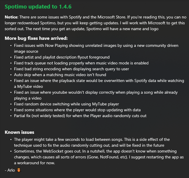 Arlodottxt's tweet photo. It took a mad grind to make this happen in time, but #Spotimo 1.4.6 is being built and submitted.
After this update goes live, the app will no longer be visible for new downloads for a while. When it's back, the app will have a new identity.
~ Happy listening ๐ฆ๐ง https://t.co/qGHNFxErdN